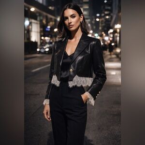 5à7 Vegan Leather Lace Hem Blazer Black Ivory Gold Buttons Cropped Jacket 14